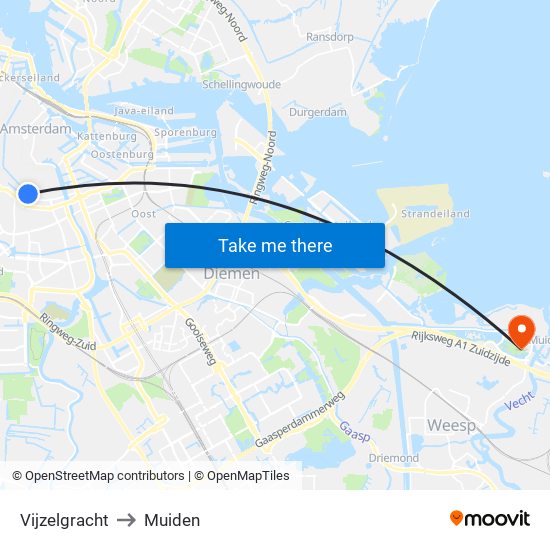 Vijzelgracht to Muiden map