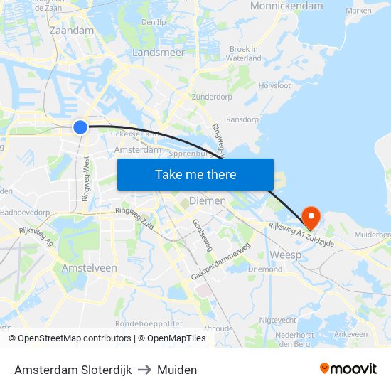 Amsterdam Sloterdijk to Muiden map