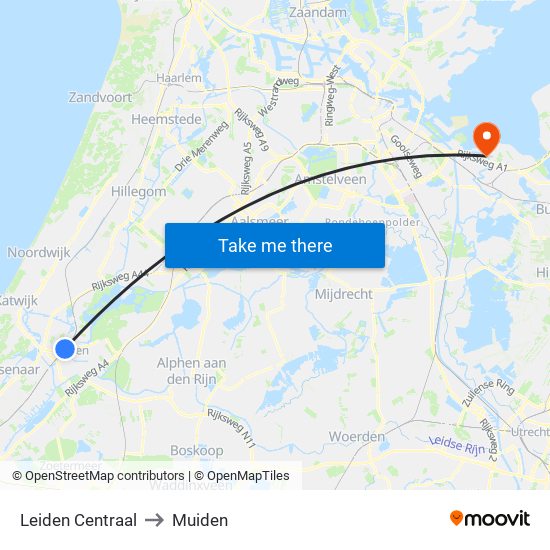 Leiden Centraal to Muiden map
