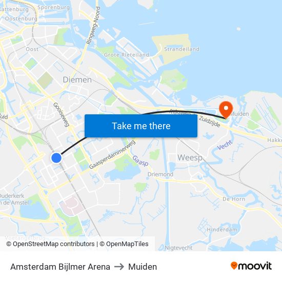 Amsterdam Bijlmer Arena to Muiden map