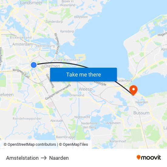 Amstelstation to Naarden map