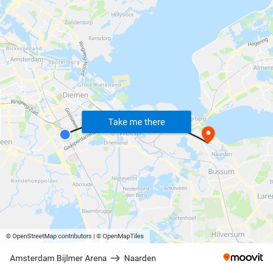 Amsterdam Bijlmer Arena to Naarden map