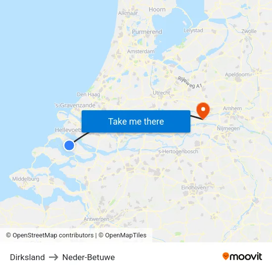 Dirksland to Neder-Betuwe map