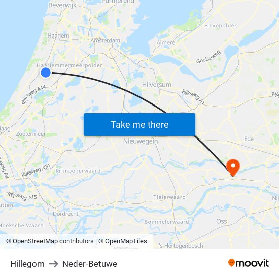 Hillegom to Neder-Betuwe map