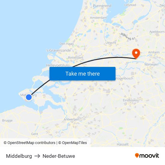 Middelburg to Neder-Betuwe map