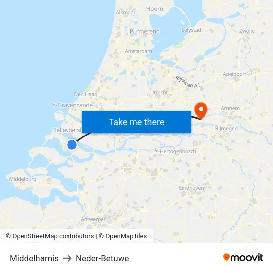 Middelharnis to Neder-Betuwe map