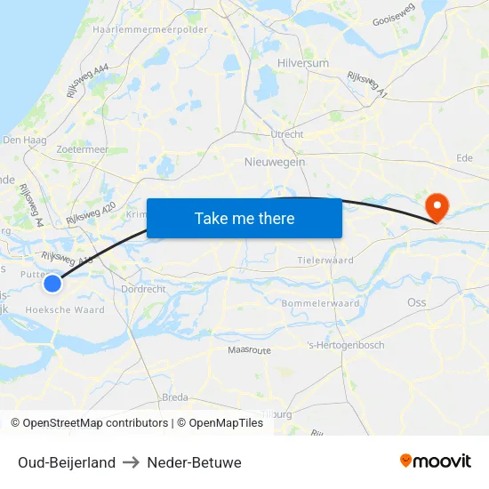 Oud-Beijerland to Neder-Betuwe map
