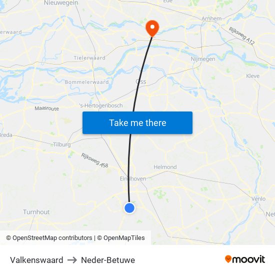 Valkenswaard to Neder-Betuwe map