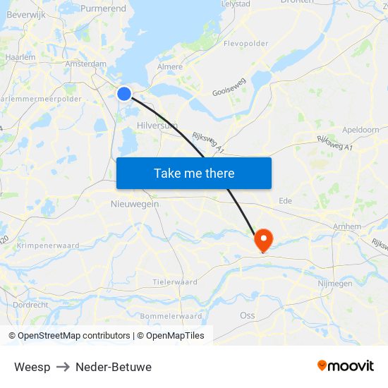 Weesp to Neder-Betuwe map