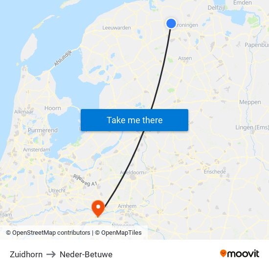 Zuidhorn to Neder-Betuwe map