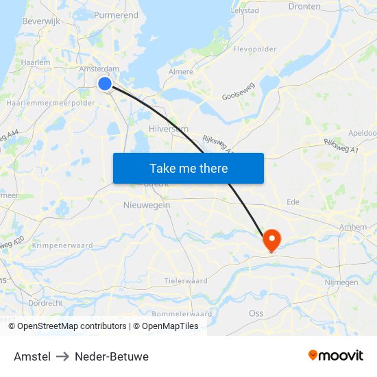 Amstel to Neder-Betuwe map