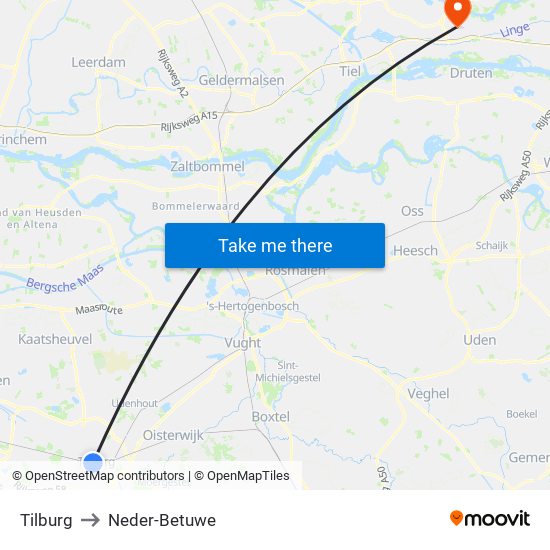 Tilburg to Neder-Betuwe map