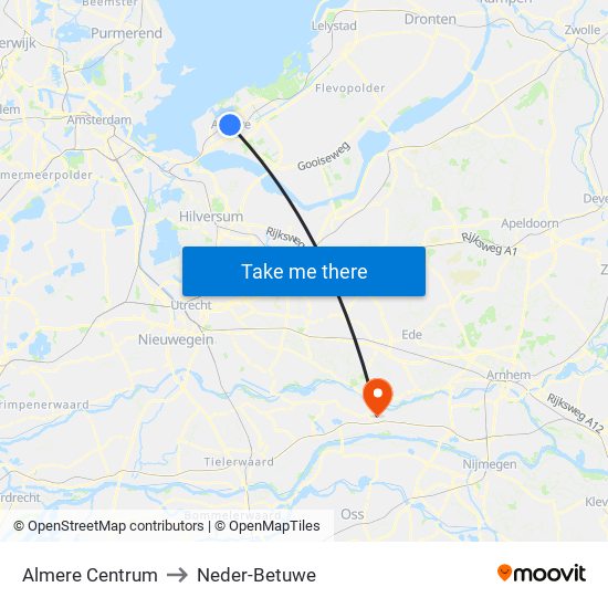 Almere Centrum to Neder-Betuwe map