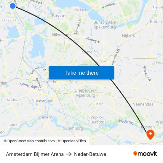 Amsterdam Bijlmer Arena to Neder-Betuwe map