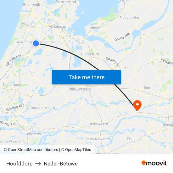 Hoofddorp to Neder-Betuwe map