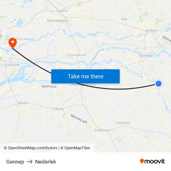 Gennep to Nederlek map