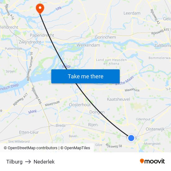 Tilburg to Nederlek map