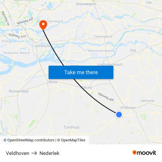 Veldhoven to Nederlek map