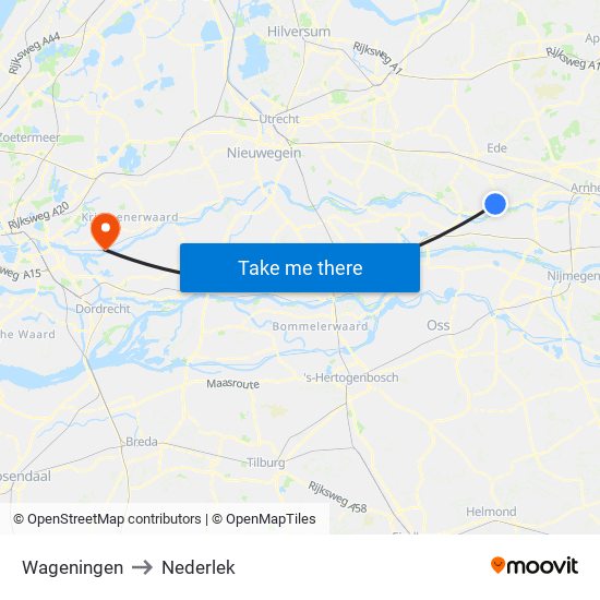 Wageningen to Nederlek map