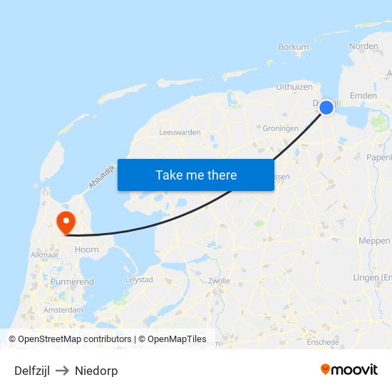 Delfzijl to Niedorp map