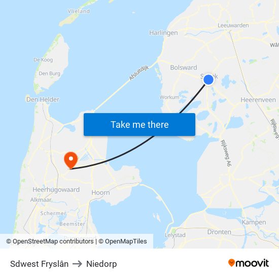 Sdwest Fryslân to Niedorp map