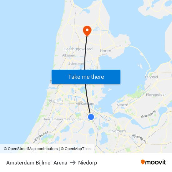 Amsterdam Bijlmer Arena to Niedorp map