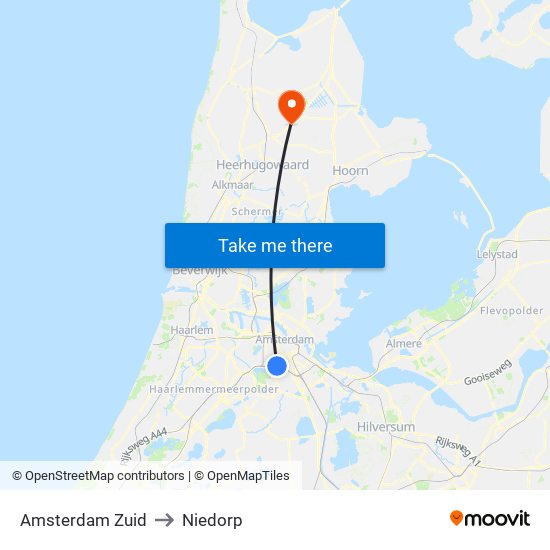 Amsterdam Zuid to Niedorp map