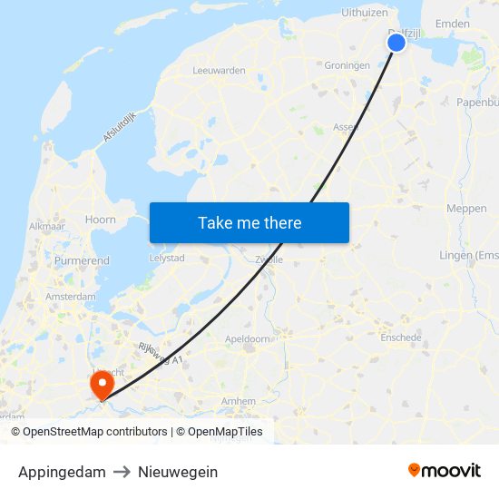 Appingedam to Nieuwegein map