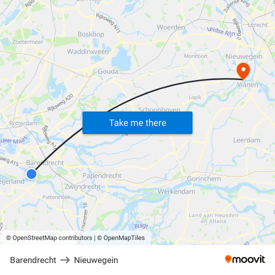 Barendrecht to Nieuwegein map