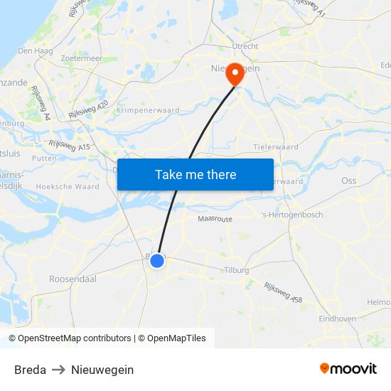 Breda to Nieuwegein map