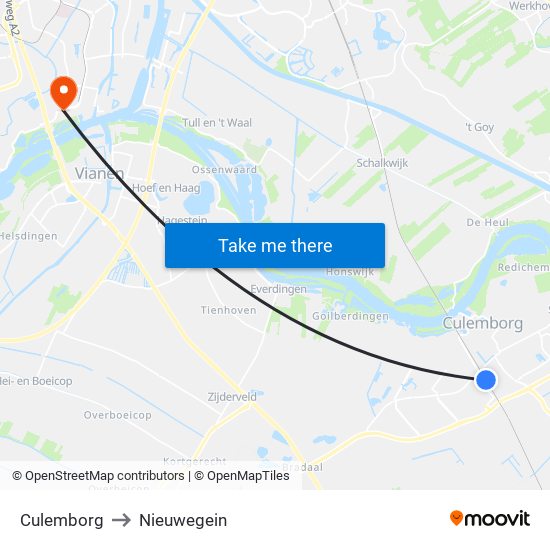 Culemborg to Nieuwegein map