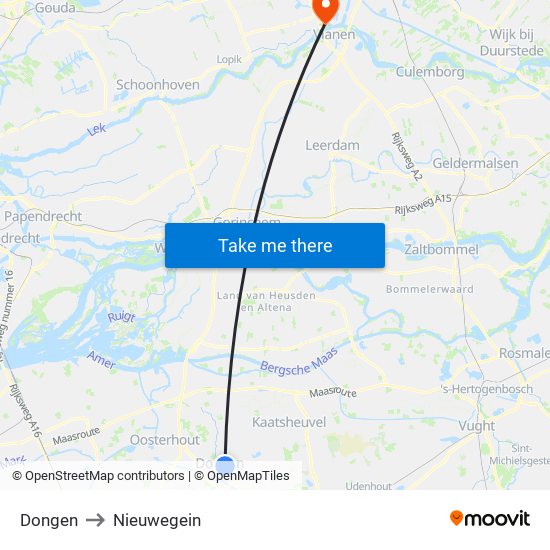 Dongen to Nieuwegein map