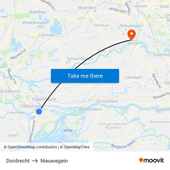 Dordrecht to Nieuwegein map