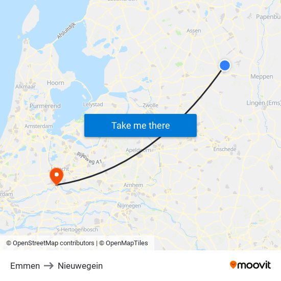 Emmen to Nieuwegein map