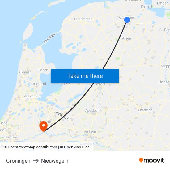 Groningen to Nieuwegein map