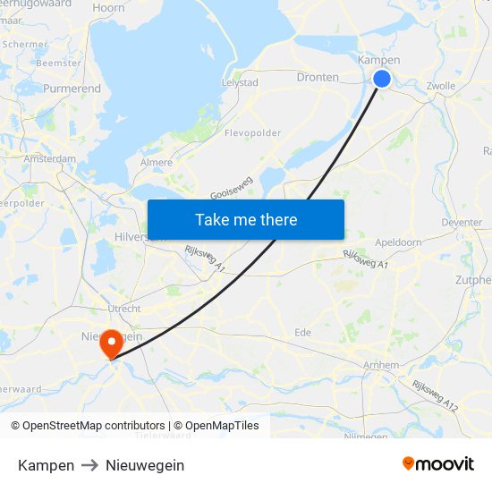 Kampen to Nieuwegein map