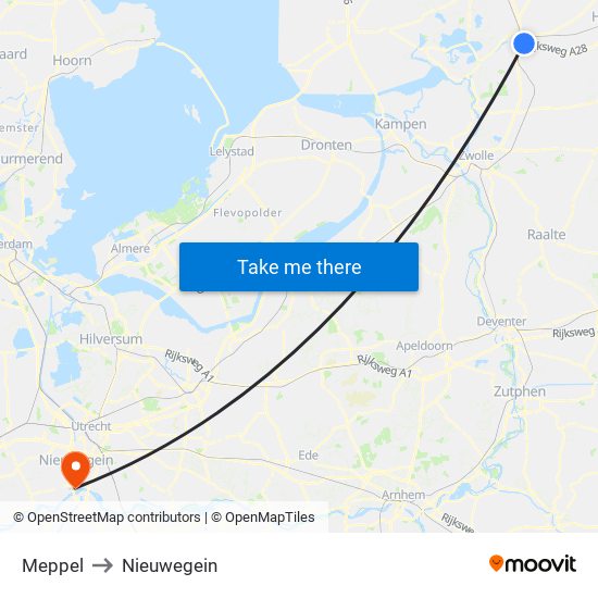 Meppel to Nieuwegein map