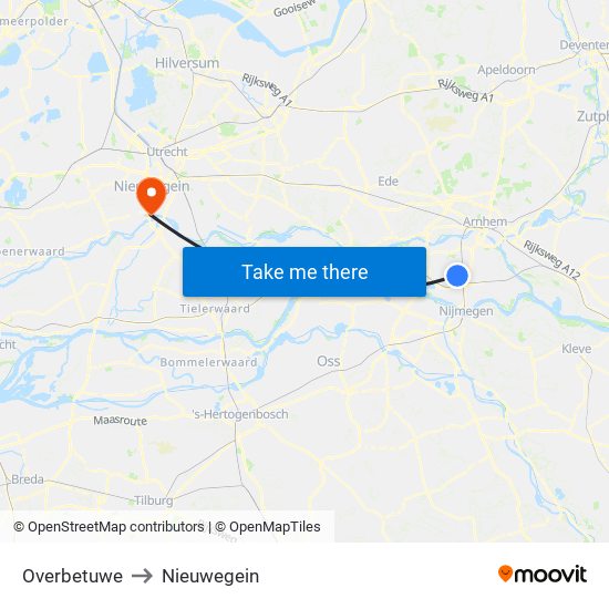 Overbetuwe to Nieuwegein map