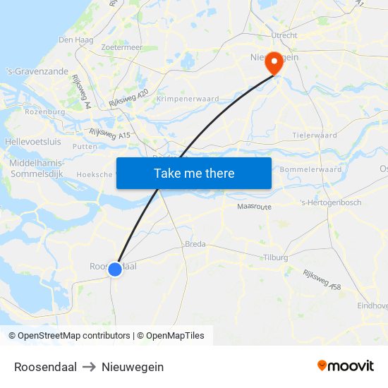 Roosendaal to Nieuwegein map