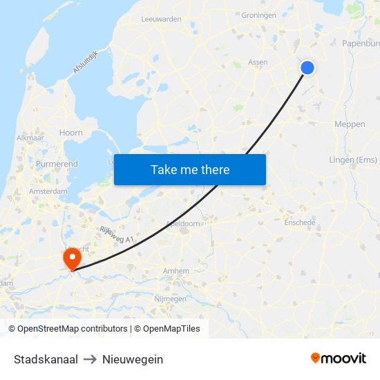 Stadskanaal to Nieuwegein map