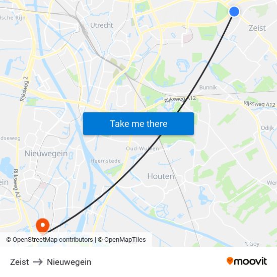 Zeist to Nieuwegein map