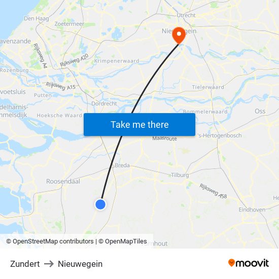 Zundert to Nieuwegein map