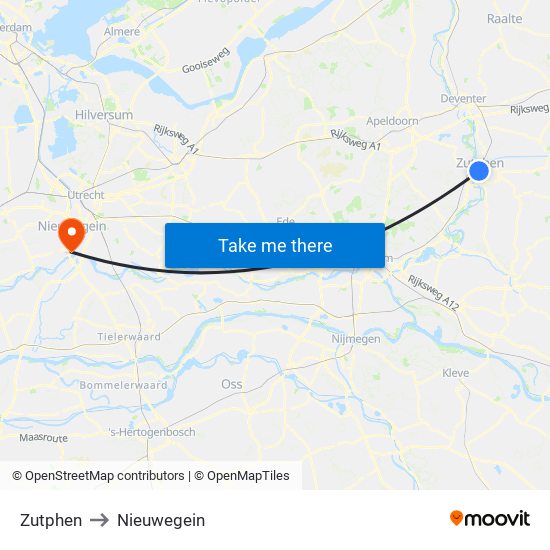 Zutphen to Nieuwegein map