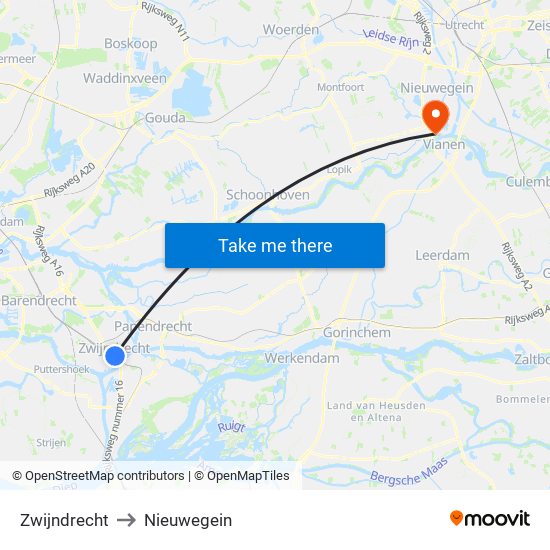 Zwijndrecht to Nieuwegein map