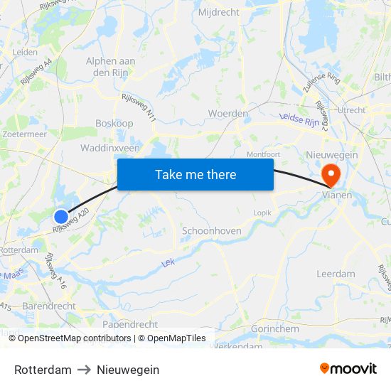 Rotterdam to Nieuwegein map