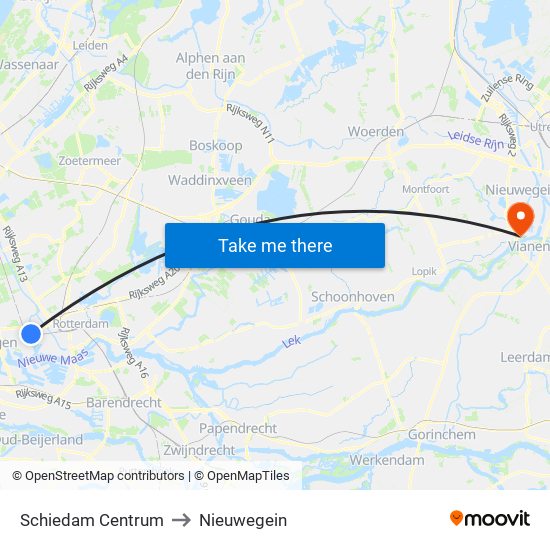 Schiedam Centrum to Nieuwegein map