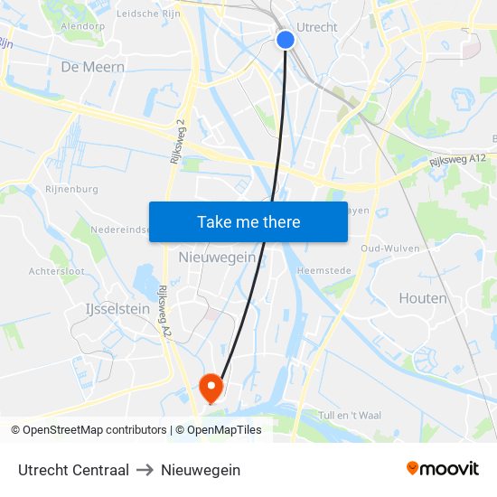 Utrecht Centraal to Nieuwegein map