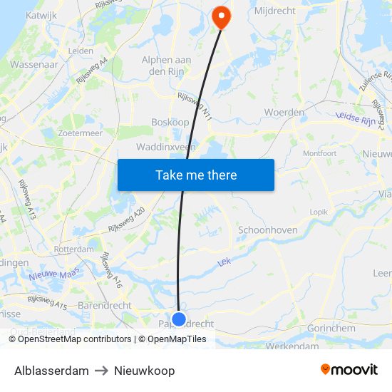 Alblasserdam to Nieuwkoop map