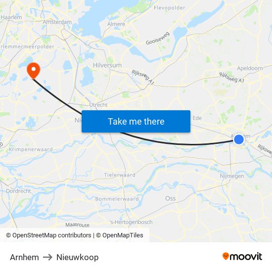 Arnhem to Nieuwkoop map