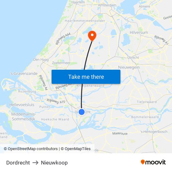 Dordrecht to Nieuwkoop map